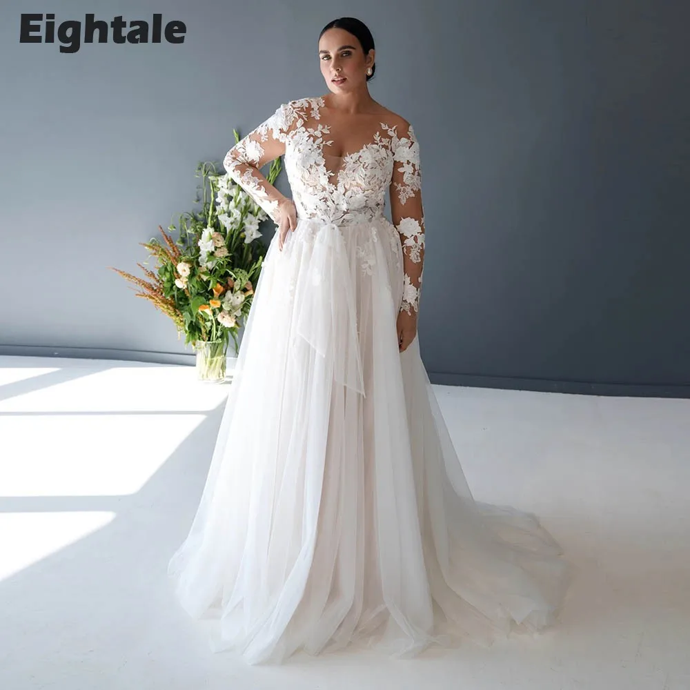 

Eightale Lace Wedding Dress with Long Sleeves Customized Appliques A-Line Tulle White Ivory Bridal Gown Vestido De Noiva