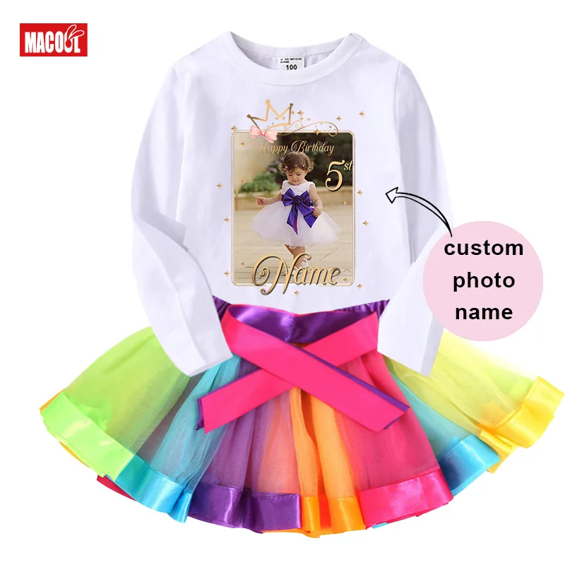 Girl Tutu Set Personalized T Shirt Photo Birthday Outfit Custom Name Shirt Girl Outfit Shirt Set Rainbow Kids Outfit Little Girl