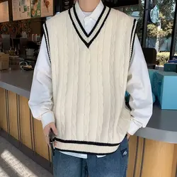 Sweater Vest Men V Neck Sleeveless Knitted Vests Tops Coats Knit Sweaters Splice Casual Loose Top Regular Autumn Winter