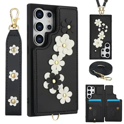 For Samsung Galaxy S25 S24 S23 S22 Ultra A13 A53 A54 A14 A34 A15 A35 A55 A16 Case, Wallet with Card Holder, Cute Flower Design