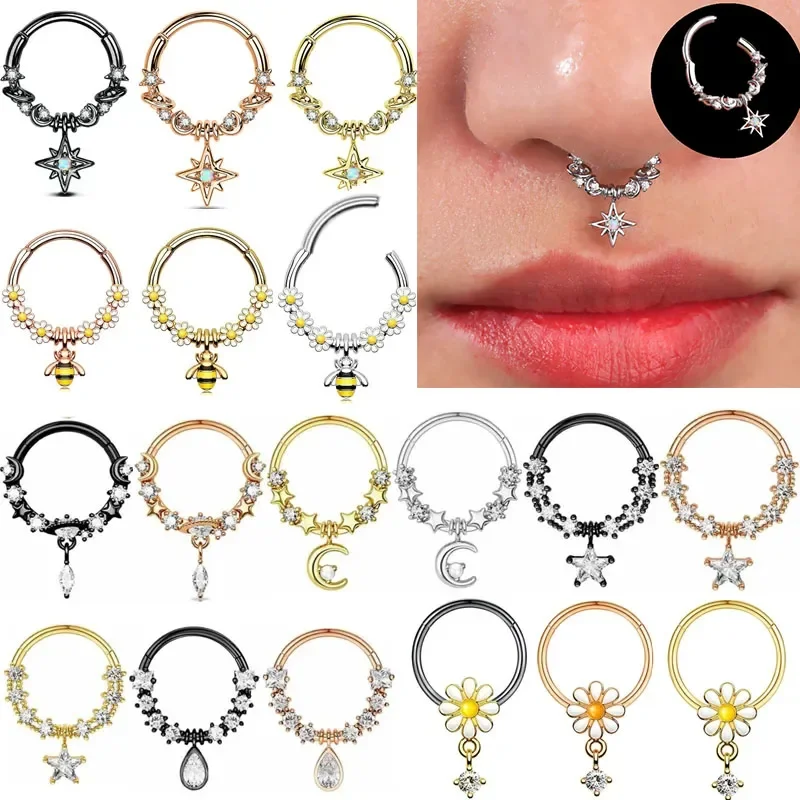 1PCS Moon Planet Septum Hoop Clicker Dangle Nose Ring Star Helix Hoop Earring Biżuteria chrząstka Pierścionek na nos Hoop Septum Piercing