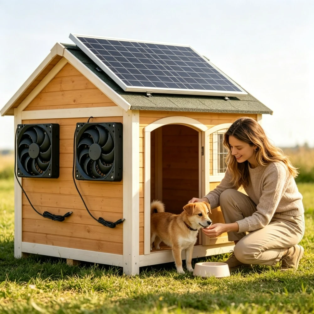 Solar Driven Two Exhaust Fans Ventilation System Quiet Operation Outdoor Waterproof Kit for Poultry Coop Green Room Pet Cabin RV