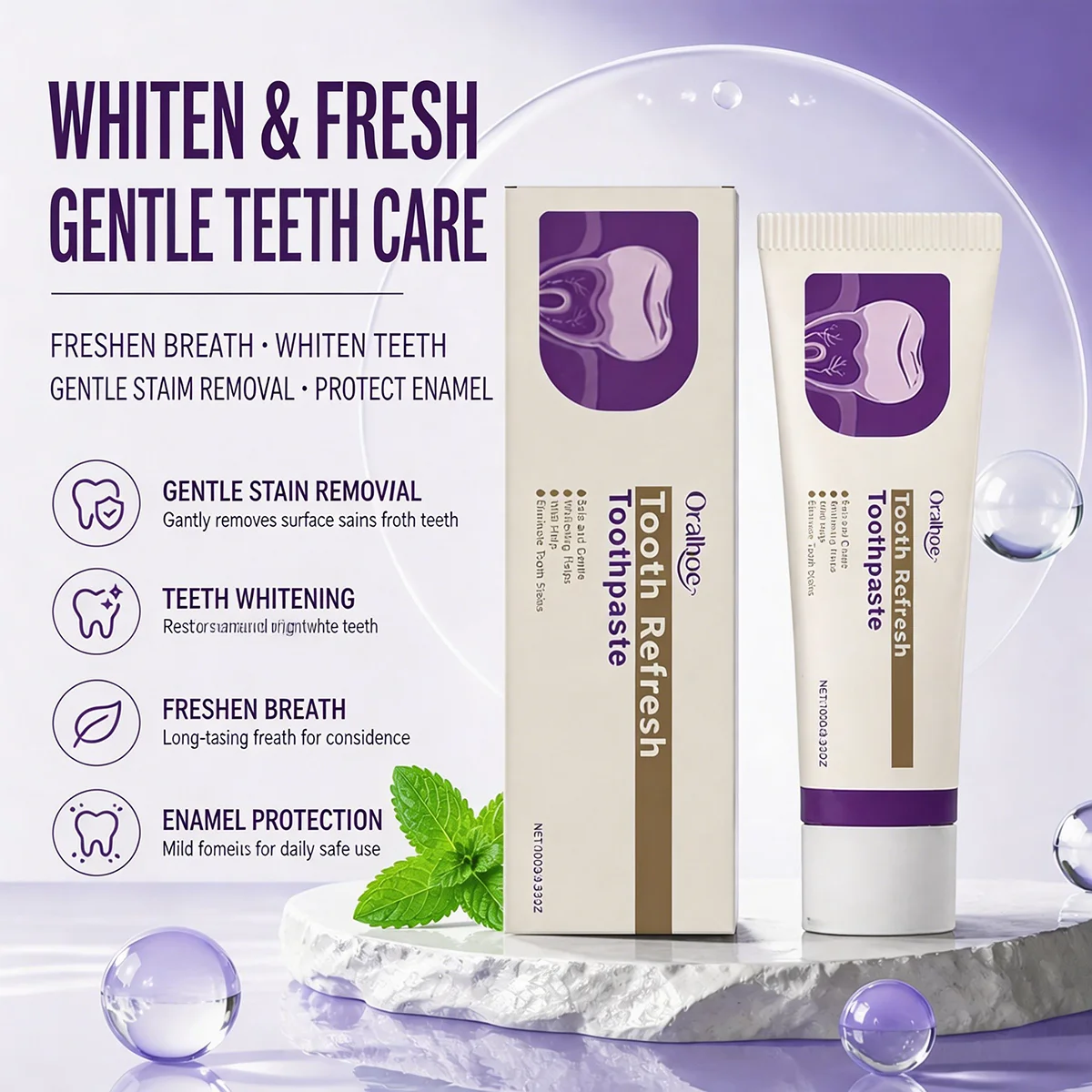 Pasta Dental Tooth Refresh, Blanqueadora, Aliento Fresco, Cuidado de las Encías, Protección del Esmalte, Sabor a Menta, Cuidado Bucal Diario