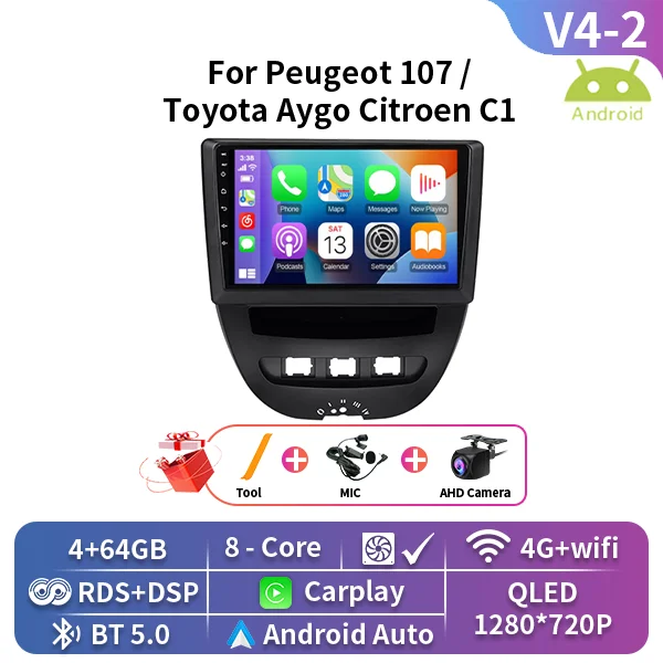 For Peugeot 107 For Toyota Aygo Citroen C1 2005-2014 Android Car Multimedia Video Player Navigation GPS 4G Carplay 2 Din Stereo