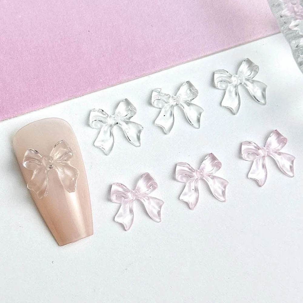 50Pcs Transparent Ribbon Bows Nail Art Charm 3D Resin White Pink Bowknot Nail Decoration Kawaii DIY Manicure Accessories