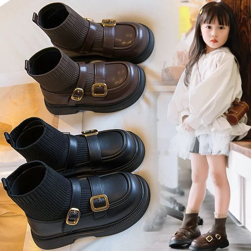 Girls Autumn Soft-soled Stretch Sock Boots Kids Non-slip Comfortable Loafers Baby Children Lightweight Campus PU Leather Shoes