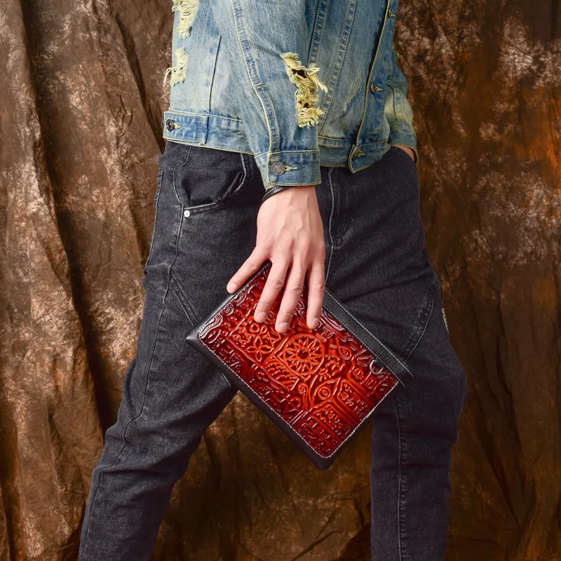 Top Layer cowhide Clutch Genuine Leather Men's Bag Zipper Wallet Card Vintage Business Square Hand Porter Bag Briefcase Purse