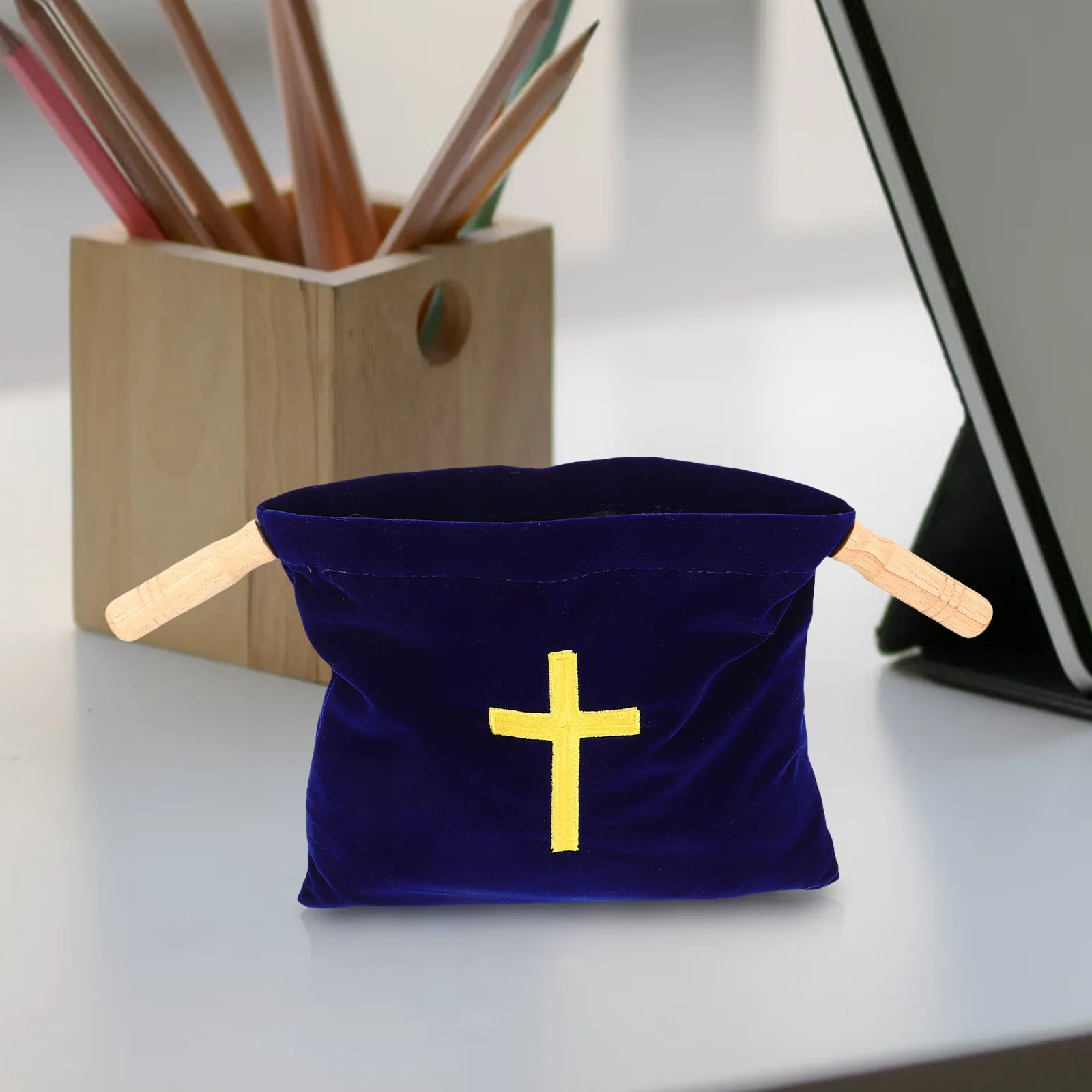 Church Offering Bag Embroidered Cross Large Capacity Fabric Wooden Communion Supplies Baptism Christening Party Favors