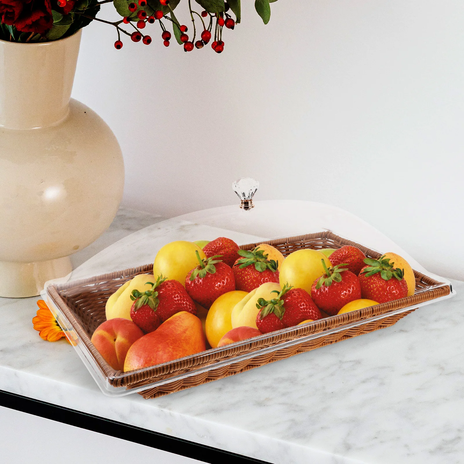 

1 set Food Fresh-keeping Basket Square Brown Small Woven Bread Basket Transparent Cover Acrylic Kitchen Fruit Snack Cake Storage