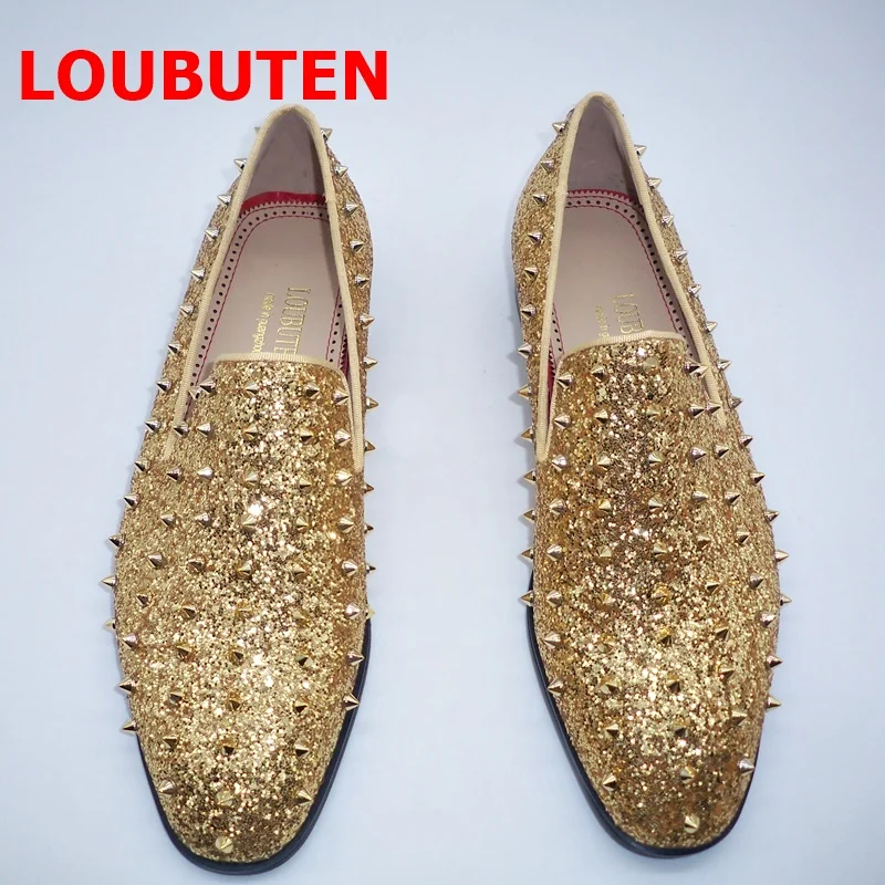 

LOUBUTEN British Style Gold Men Glitter Shoes Rivet Loafers Luxury Spikes Mens Dress Shoes Slip On Party Wedding Shoes