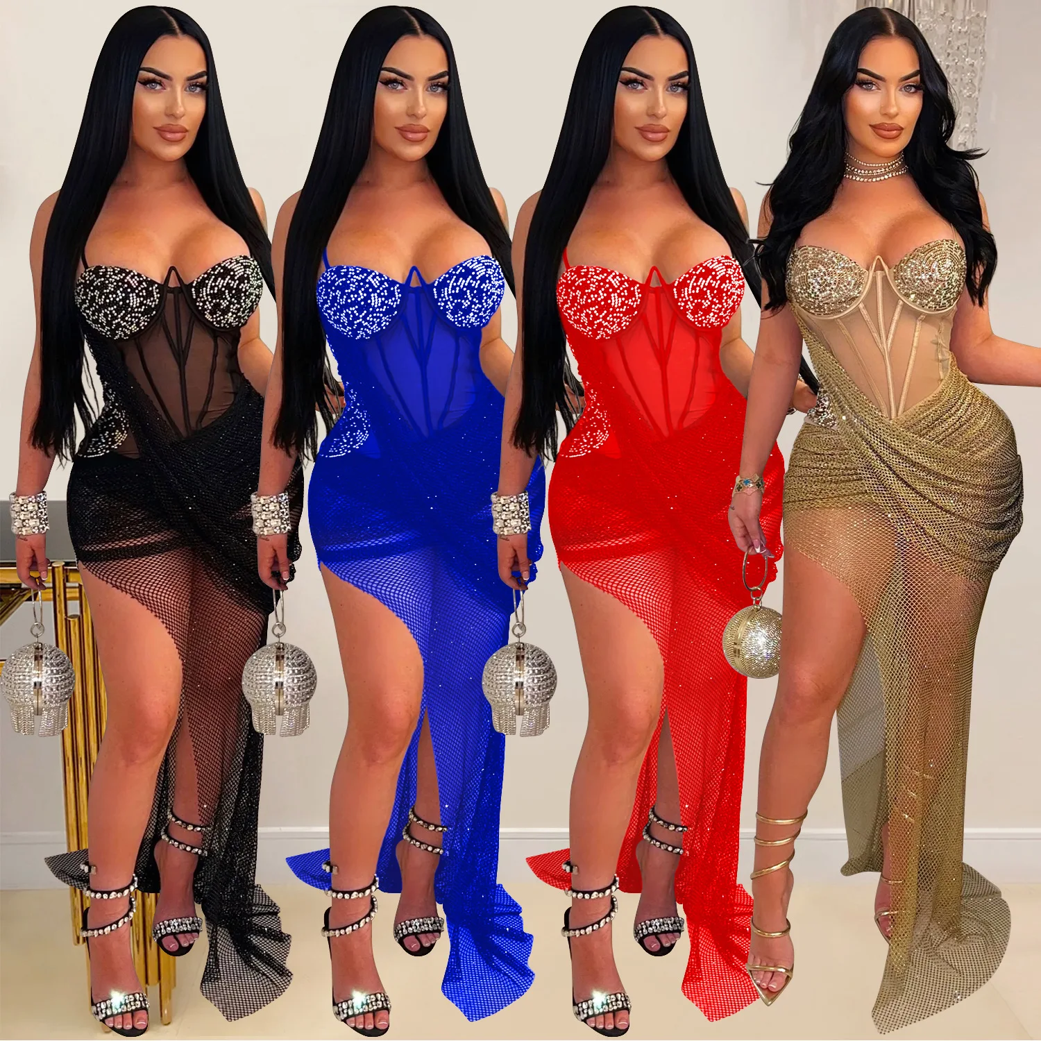 

Women Sexy Mesh Rhinestone Sling Maxi Dress Evening Party Dress Perspective Birthday Outfits Strapless Slit Cocktail Prom Dress