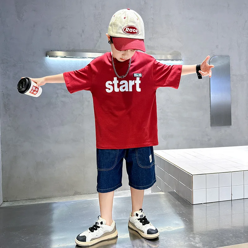 Fashion Brand Loose Children's CottonTT-shirt Boys' Half Sleeve Summer2024New Boy's Short-Sleeved Middle and Big Children's Shir