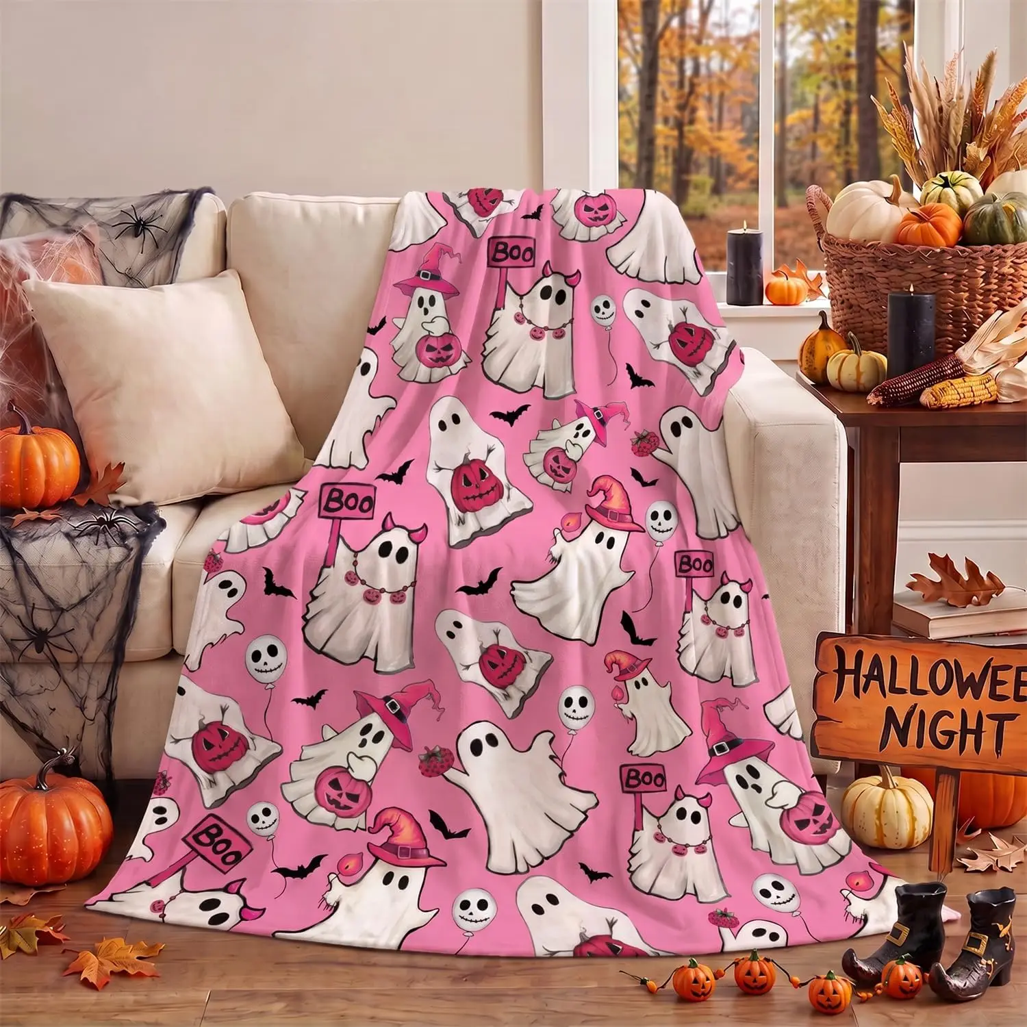 Horaldaily Halloween Pink Ghost Pumpkin Skulls Flannel Throw Blanket 50x60