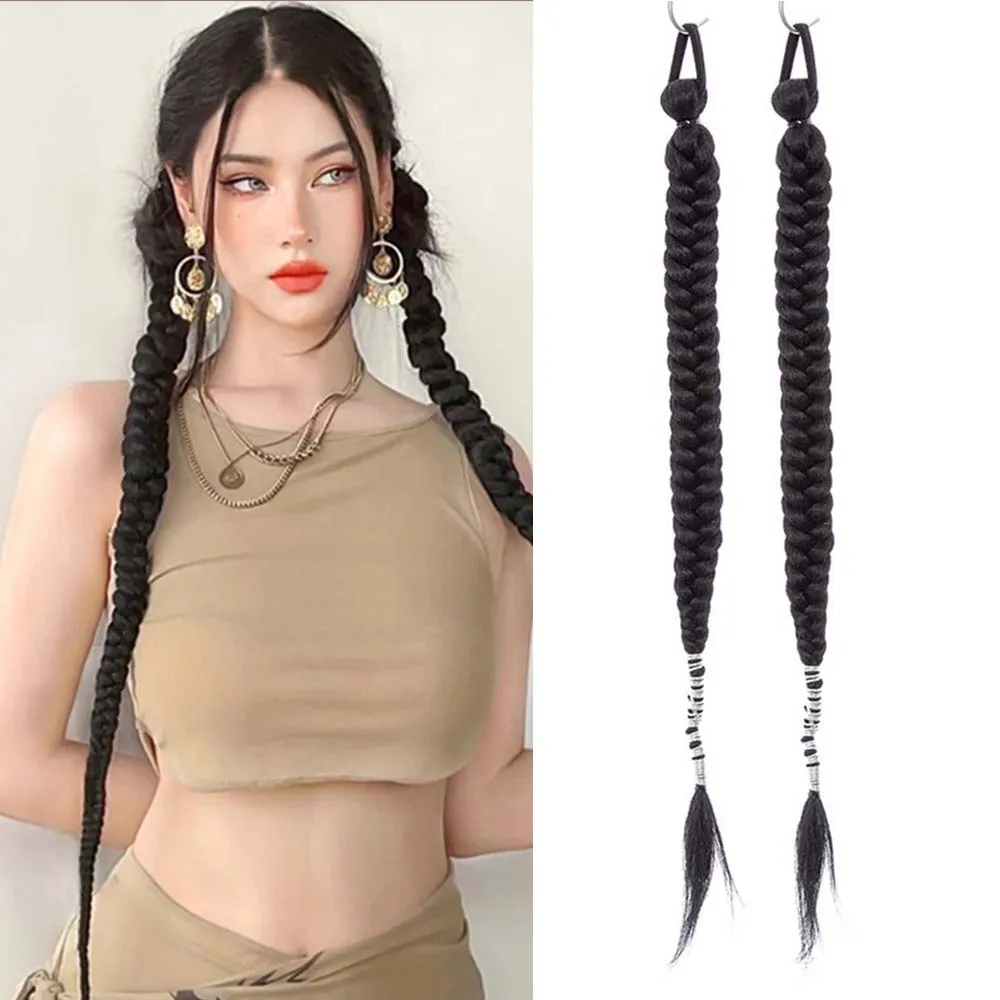 

2pcs Synthetic Long Ponytail Wig Boxing Braid With Rubber Band Hair Ring Braid Sweet Cool Spicy Girl Horsetail Dirty Braid