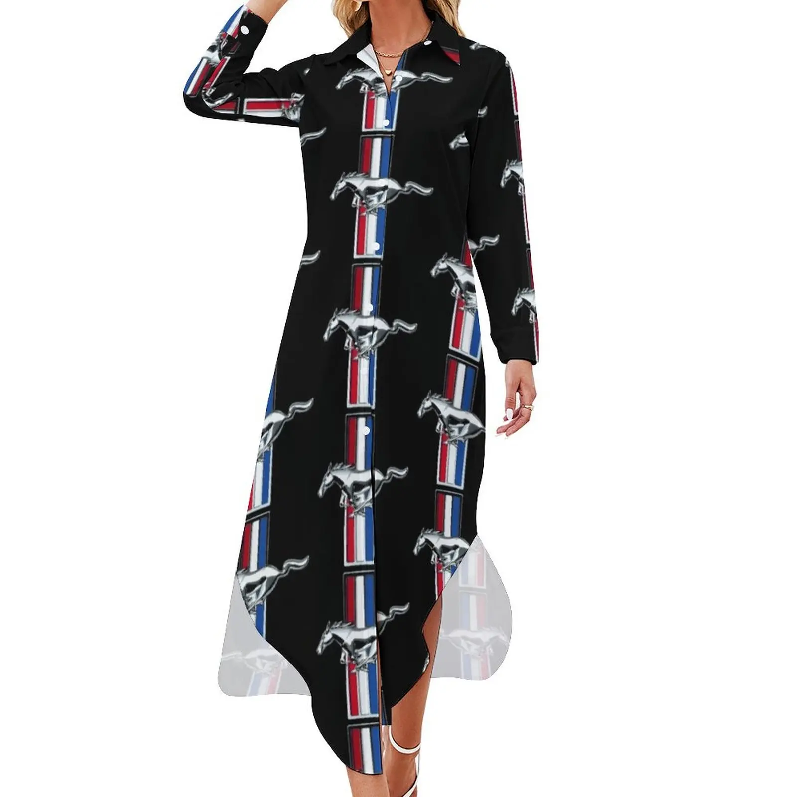 

Mustang Emblem Dark Apparel Long Sleeved Shirt Dress festival outfit women dresses for women 2024 luxury designer party