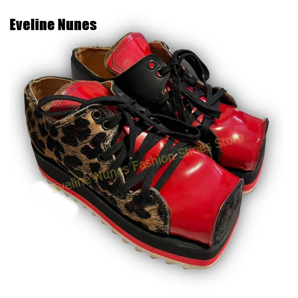 

Y2K Red Patent Leopard Print Pumps Square Toe Platform Lace Up Thick Sole Patchwork Gothic Fashion Sexy Sneakers 2026 New Trend
