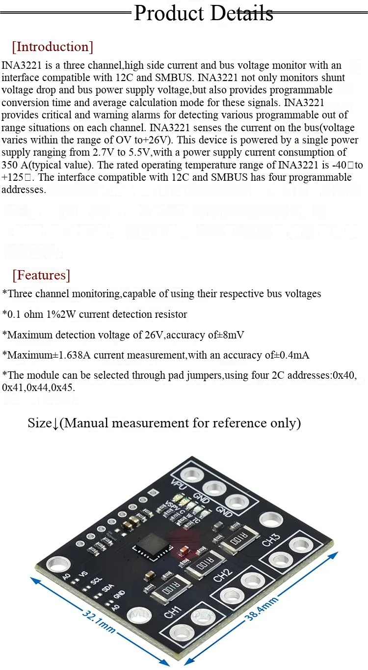MCU-3221 INA3221 Dreikanaliger Low-/High-Side-I2C-Ausgangsstrom-/Leistungsmonitor – Detail 3