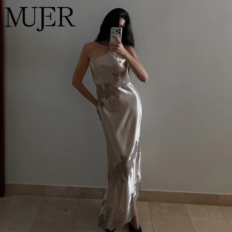 MUJER Satin-Spitzen-Midikleid für Damen, asymmetrische lange Kleider für Damen, Sommerkleider für Damen, rückenfreie Damenkleider, schulterfreies Kleid für Damen