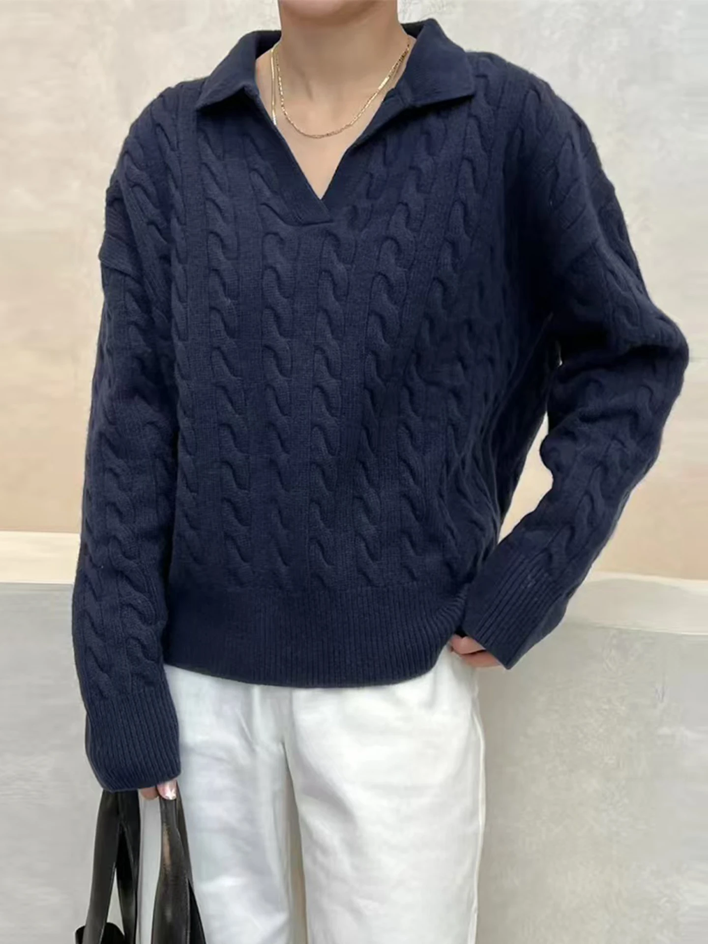 Elborn Women's Pure Color  Collar Twist Knit Sweater Autumn Winter Lazy Style French Style Soft Woolen Long Sleeve Sweater