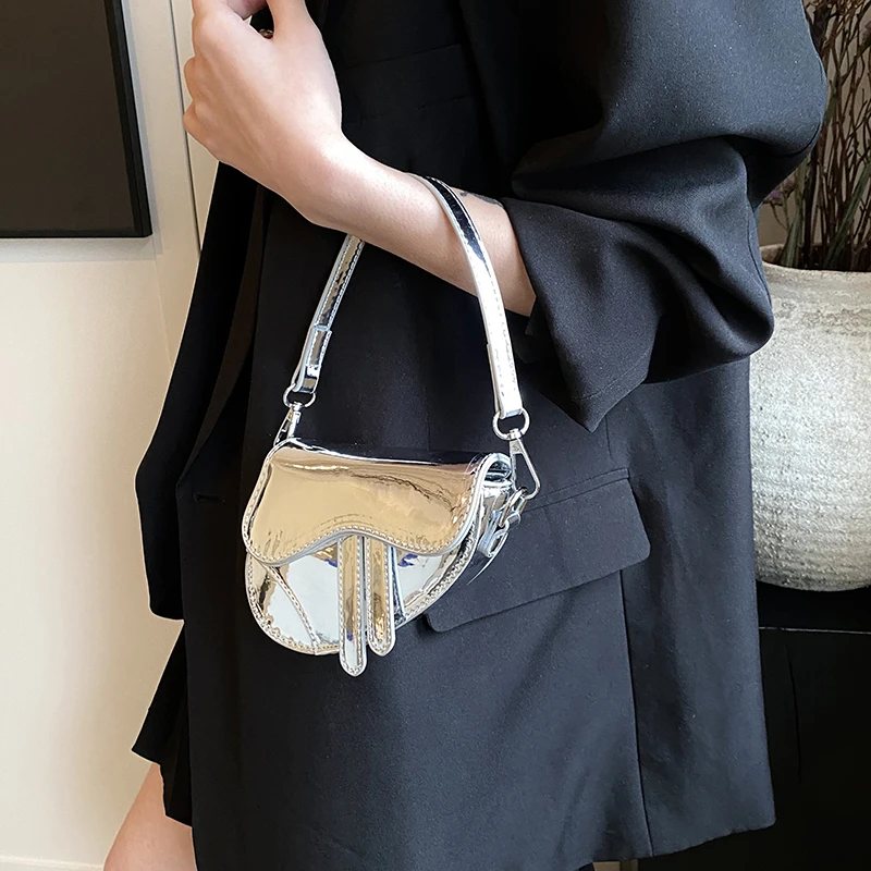 Silver Saddle Crossbody Bag Women Fashion Party Laser Shoulder HandBag Solid Color PU Leather Designer Purse Sac Luxe 2024