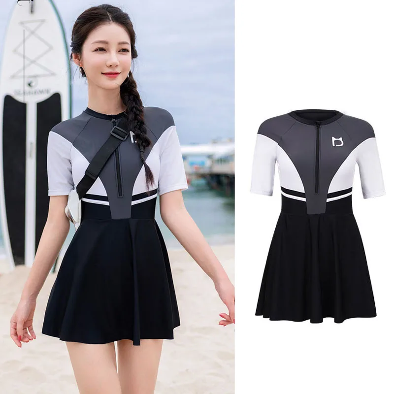 

Women Rash Guard Short Sleeve One-piece Half Zipper Swimsuits Bathing Suit Swim Dress Sun Protect Beachwear Skirt Rashguards