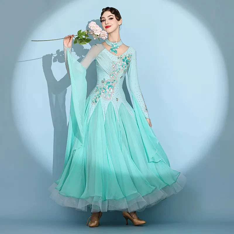 Ballroom dance competition dress with V-neck long sleeves,colorful floral rhinestone decor,side long floating sleeve and pointed