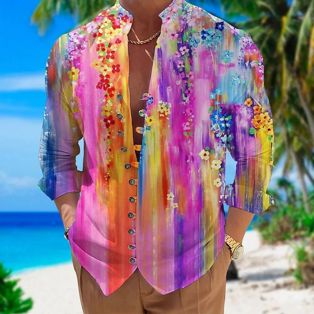 Men's Yellow Purple Gradient Oil Painting Floral Long Sleeved Shirt with Abstract Print and Loose Collar for Beach Vacation