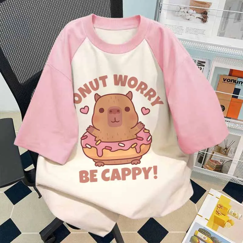 

Donut Worry Be Capybara T Shirt Summer Clothes Short Sleeve Funny Animal T-shirt Pure Cotton Korean Style Boys Girls Tops Gifts