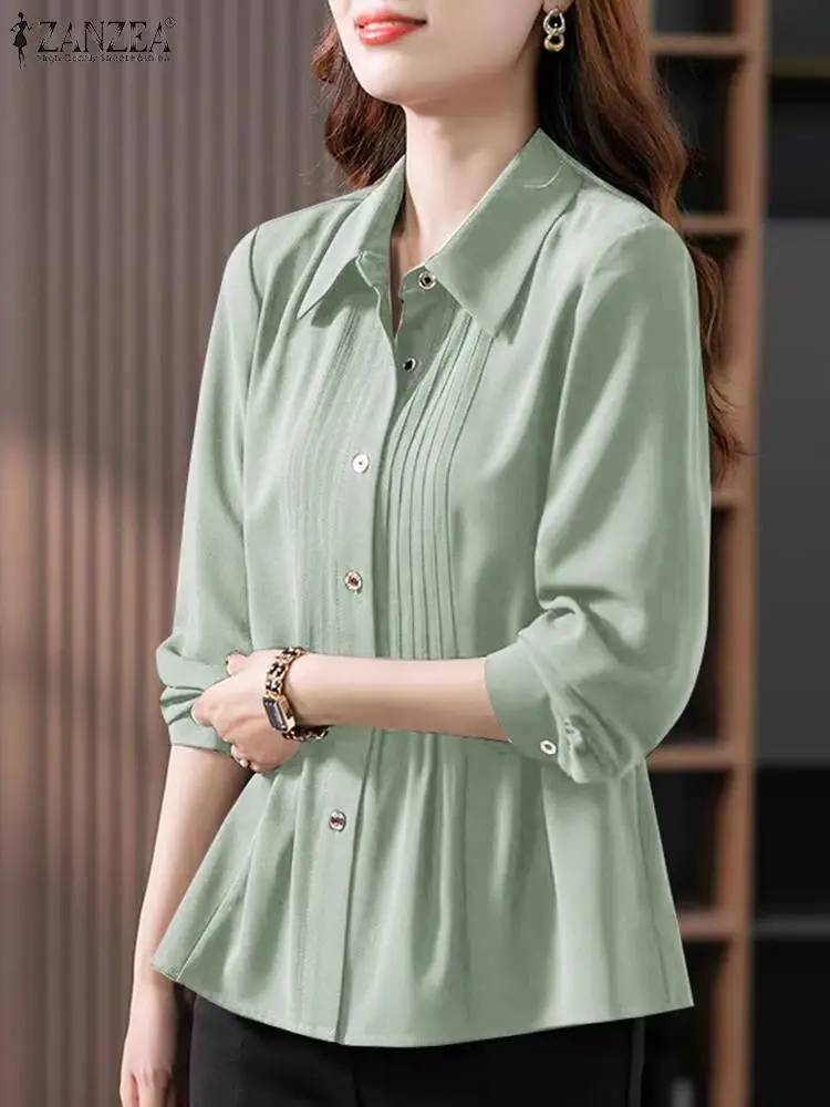 ZANZEA Elegant Women Solid Shirt Fashion Office Pleated Cardigans 2024 Summer Lapel Tunics Oversized 3/4 Lantern Sleeve Tops