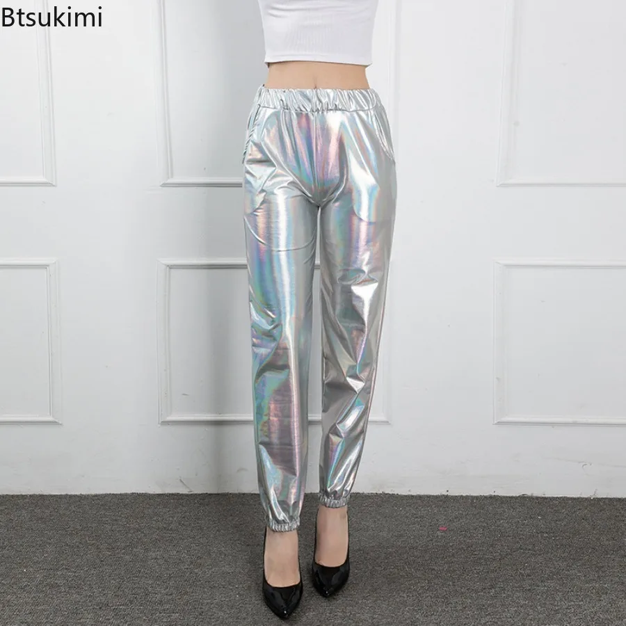Women Holographic Hip Hop Faux Leather Metallic Loose Wide Leg Party Jazz Costume Cosplay Shiny Street Dance Trousers for Adult