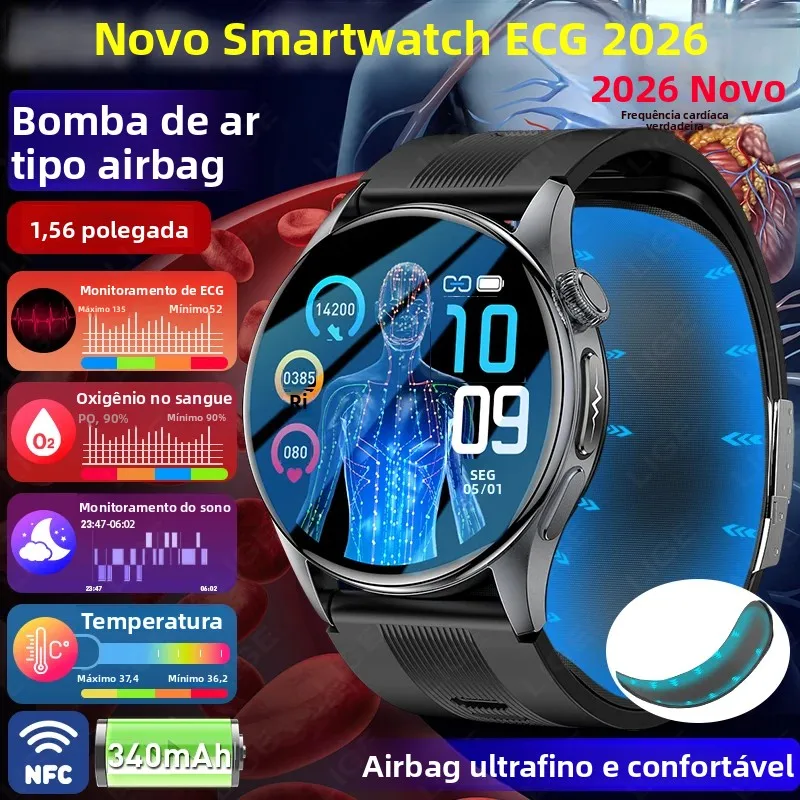 Nova bomba de ar airbag monitor pressão arterial diagnóstico preciso relógio inteligente ecg temp gordura no sangue ácido úrico masculino chamada nfc 