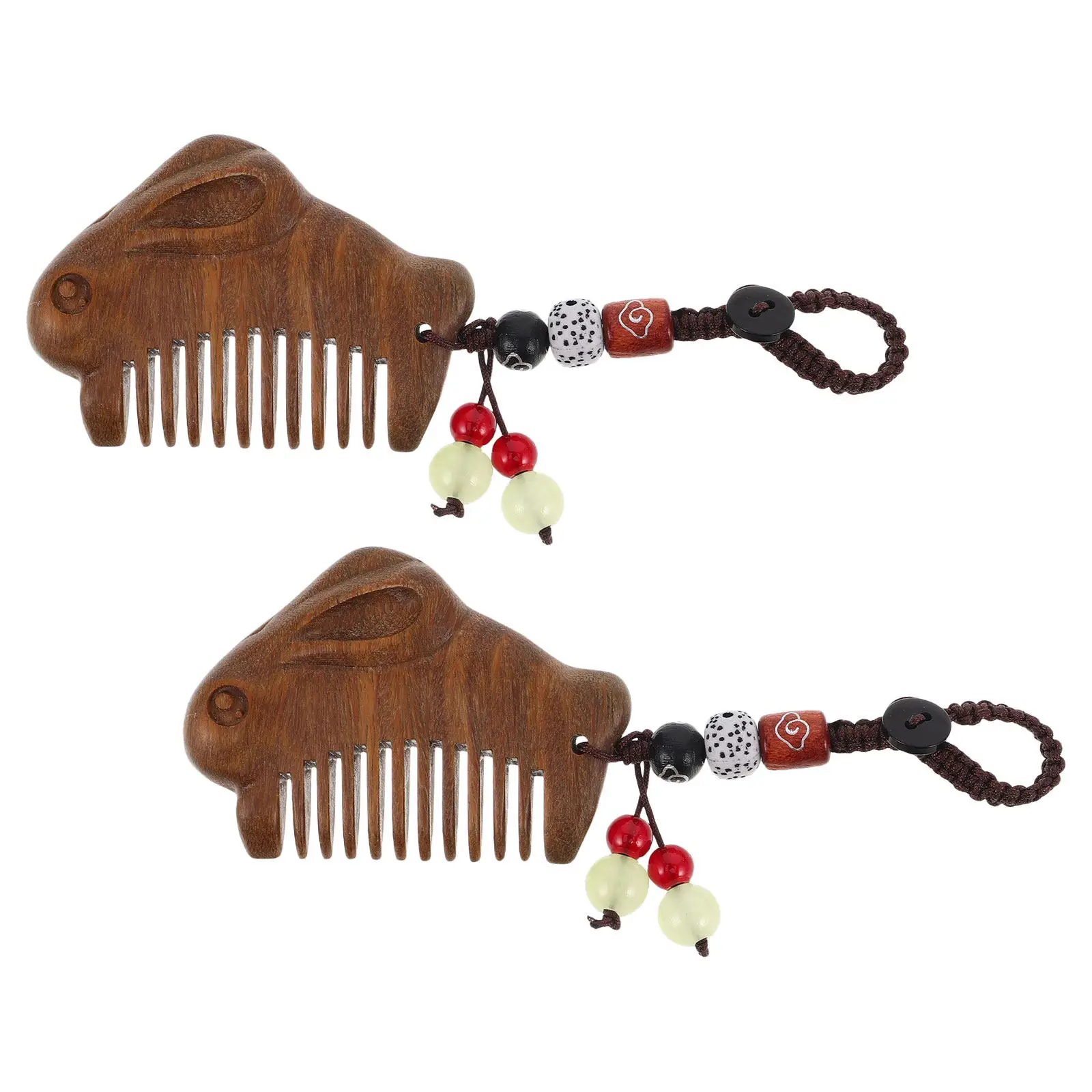 2Pcs Sandalwood Comb Vintage Style Portable Mini Hair Comb Natural Wood Carved Lotus Pendant Keychain Ornament Anti Static
