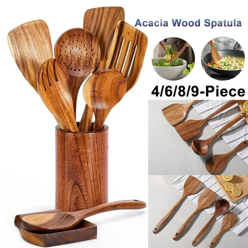 4/6/8/9-Piece Wooden Spoons for Cooking Smooth Surface Acacia Cutlery Soft Comfort-Grip Wood Set Non-Stick Cooking Utensils