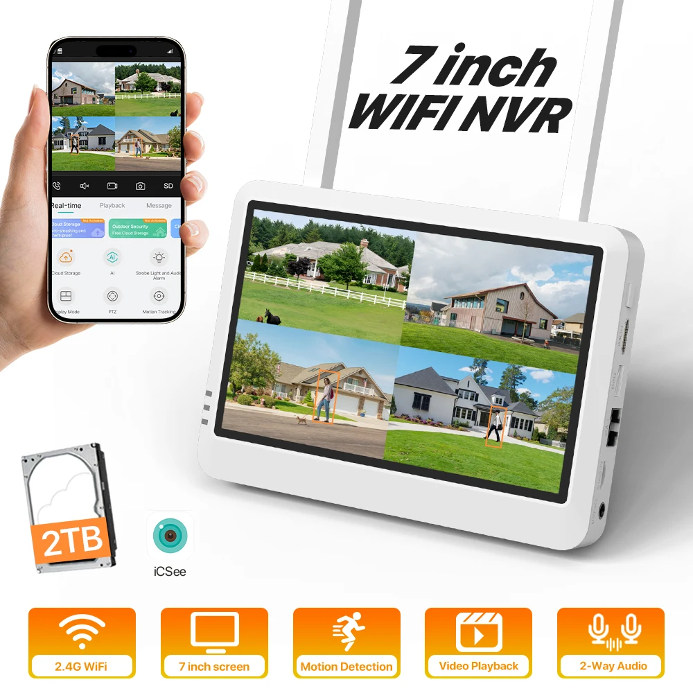 7-inch LCD Screen WiFi NVR 8CH 6MP H.265 Onvif Wireless Network Video Recorder Support Human Detection Audio ICSee App