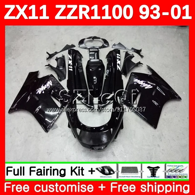 ZX-11R For KAWASAKI NINJA ZZR 1100 ZX11 R ZX11R 93 94 95 96 97 Glossy black 114No.1 ZX 11R ZZR1100 1998 1999 2000 2001 Fairing