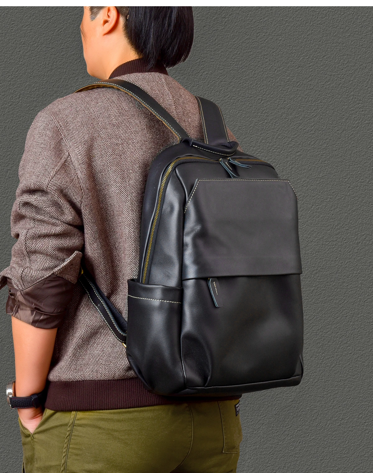 fashion casual high quality genuine leather men black backpack outdoor travel luxury handmade real cow leather women schoolbag