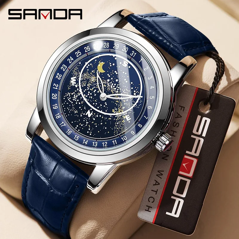 SANDA7002 Reloj de cuarzo para hombre con fase lunar y cielo estrellado, luminoso, resistente al agua, diseño de galaxia, reloj de ocio para negocios a la moda