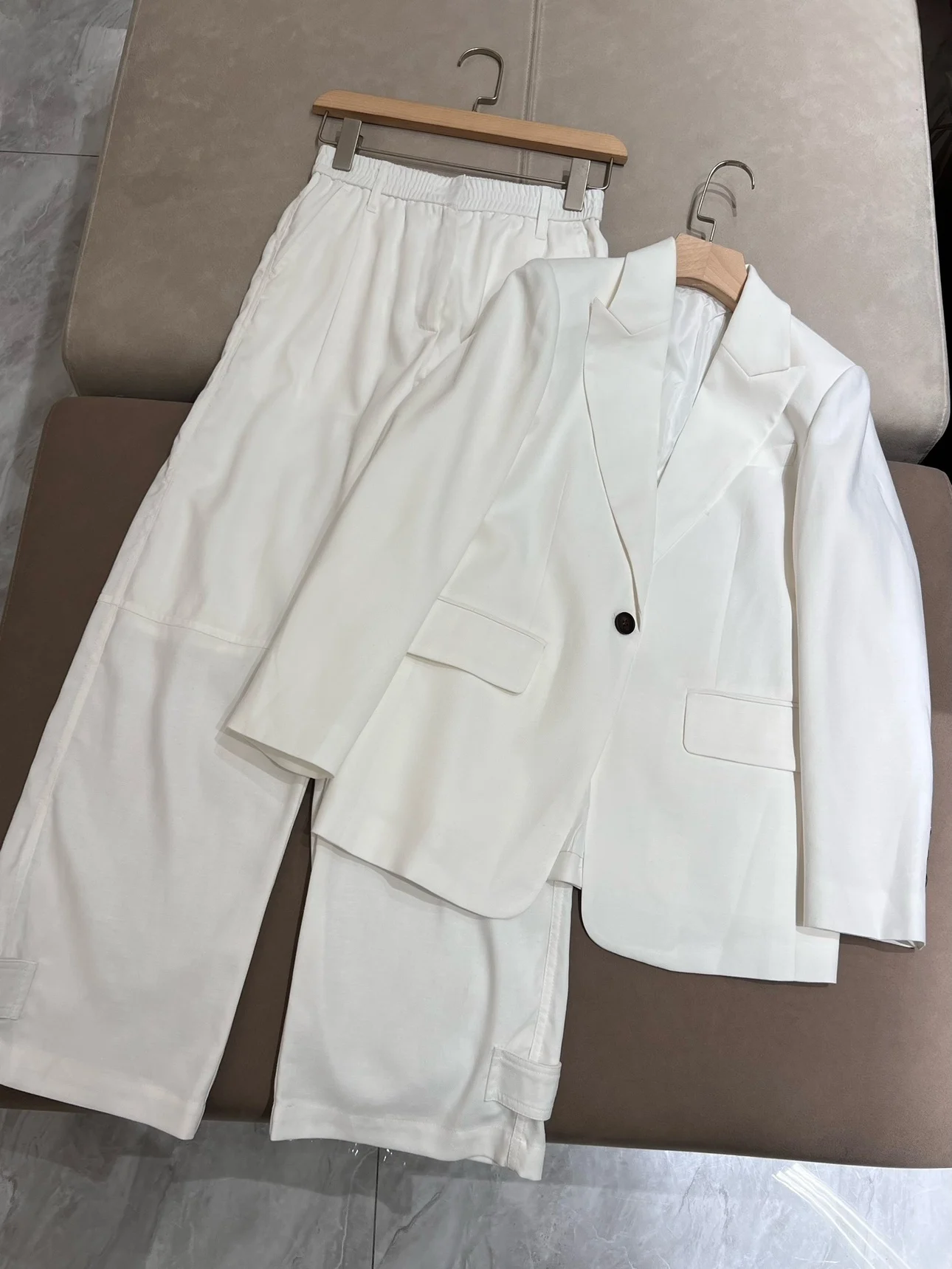 Autumn B*C Women\'s Pants Suit Cotton Linen Blazer Jacket + Vest + Elastic High Waist Trousers 3 Piece Set