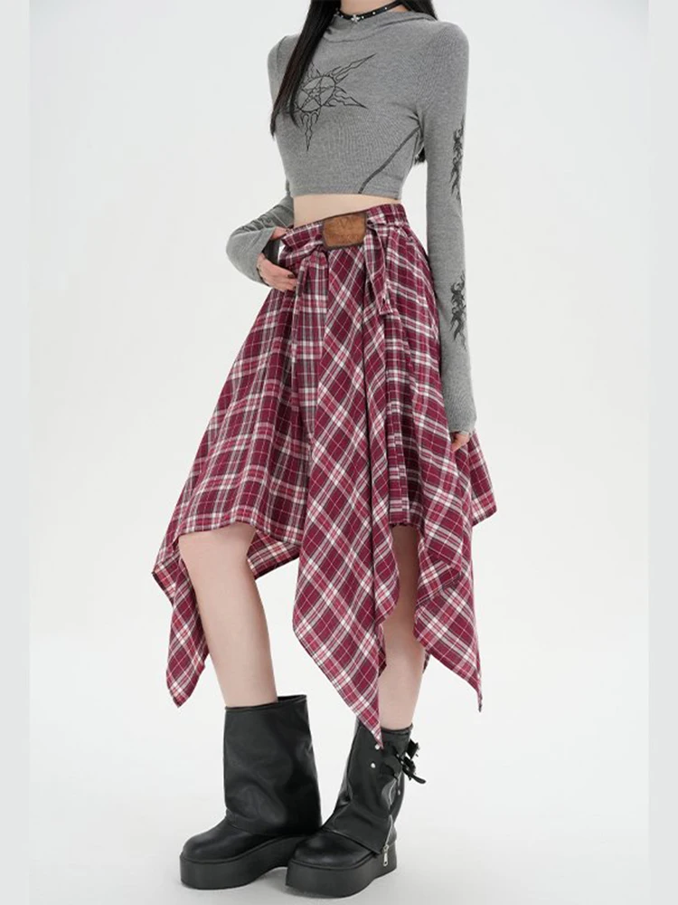 الوافدين الجدد الرجعية منقوشة المرأة غير النظامية تنورة مع ضمادة الخريف موضة فضفاضة عالية الخصر مربوط ميدي التنانير سيدة