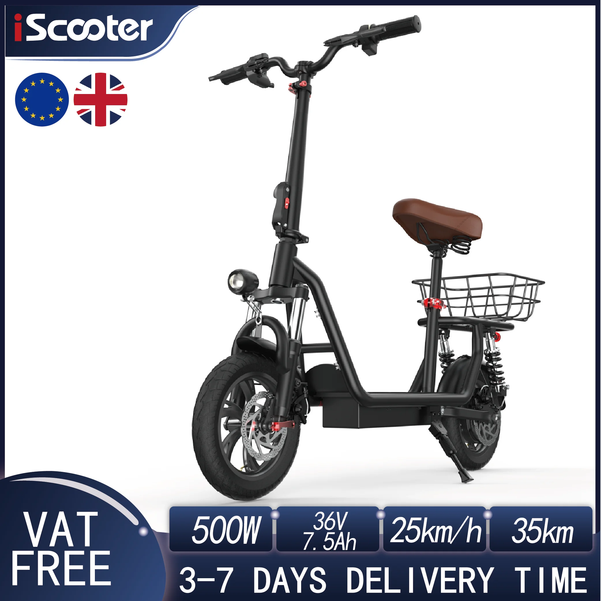 ISCooter i12 E-Scooter 500W Motor 36V7.5AH batería E-scooter 12 "neumático adulto Sra. Transporte con asiento y cesta Scooter eléctrico