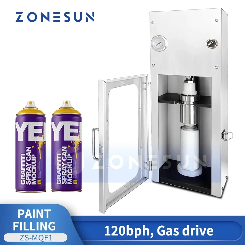 

ZONESUN ZS-MQF1 Pneumatic Aerosol Can Filling Machine 120BPH Gas Drive Spray Paint Can Piston Filler System
