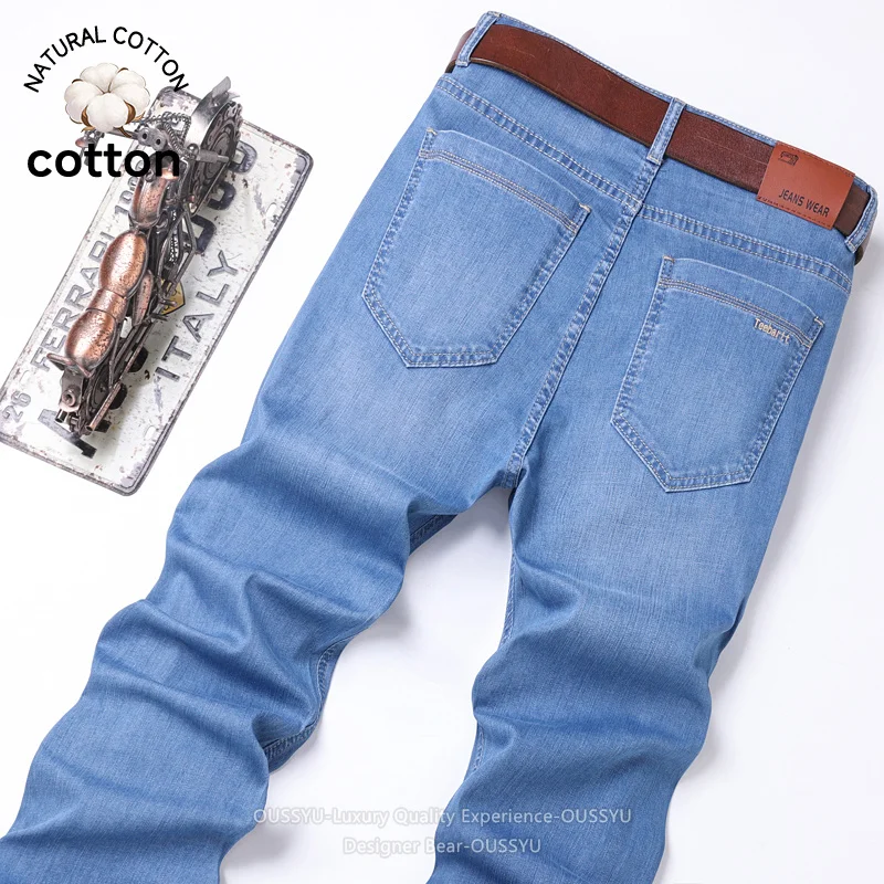 Good Quality Summer Thin Breathable Light Blue Jeans Men Cotton Business Slim Casual Denim Pants Work Korea Trouser Plus Size 40