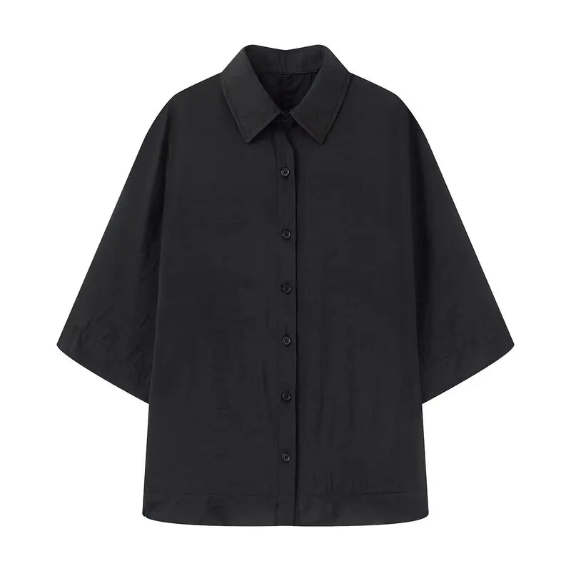 ฤดูร้อน 2025 ใหม่มาถึงผู้หญิงลําลอง irt ort Sve Turn-down Collar All-match Ele Ne Seven-quarter Sve