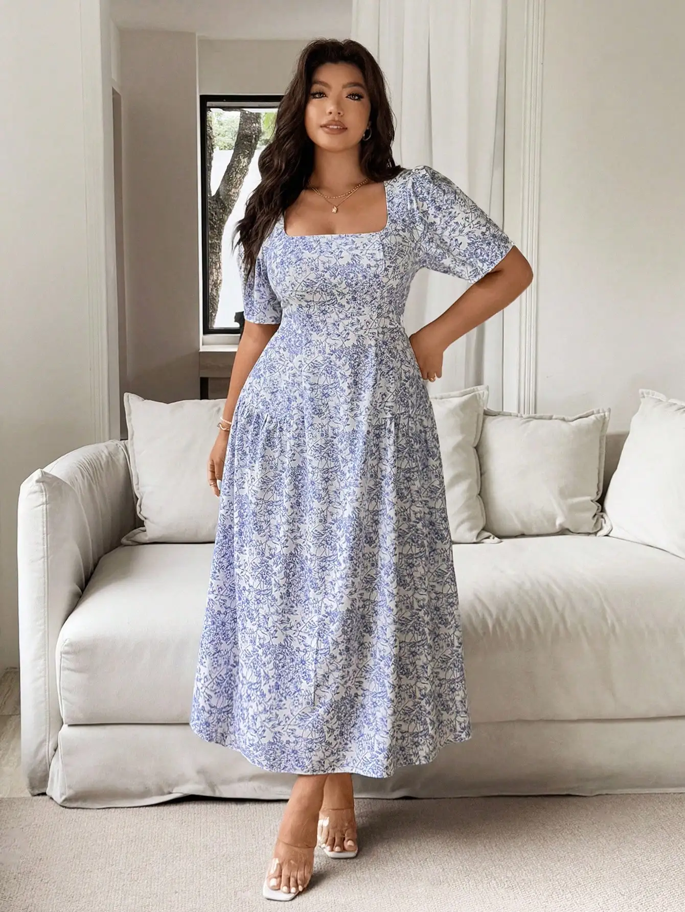 Blue And White Floral Square Neck Cinched Waist A-Line Maxi Dress For Women