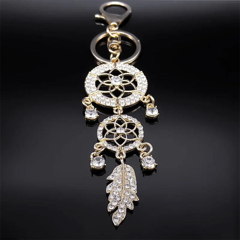 Fashion Sparkling Crystal Dreamcatcher Feather Tassel Key Chain Alloy Rhinestone Dream Catcher Key Ring Car Bag Accessory Jewelr