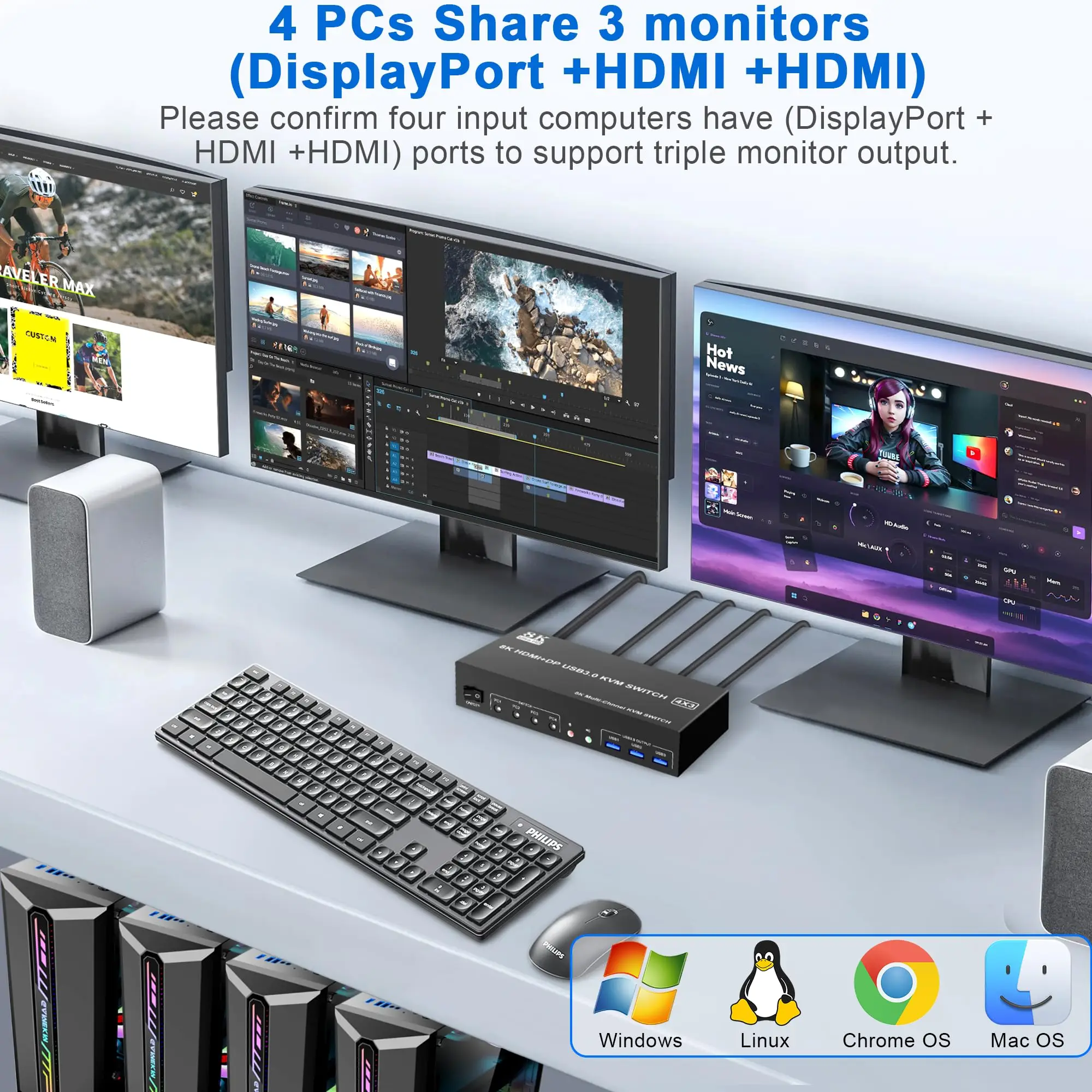 8K@60Hz Displayport +2 HDMI USB3.0 KVM Switch 3 Monitors 4 Computers, 2 HDMI 2.1 + DP 1.4 Triple Monitor Keyboard Mouse Switcher