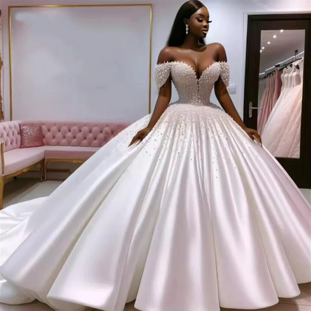 Aso Ebi African Satin A Line Wedding Dresses Luxury Handmade Heavy Beaded Off Shoulder Bridal Gowns Customized Robe De Mariee