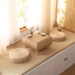 Mesa de Tatami de ratán japonés, ventana de Bahía de balcón, mesa de extremo pequeño, mesa baja, mesa de centro, piso de dormitorio, mesa cuadrada, cojín de futón