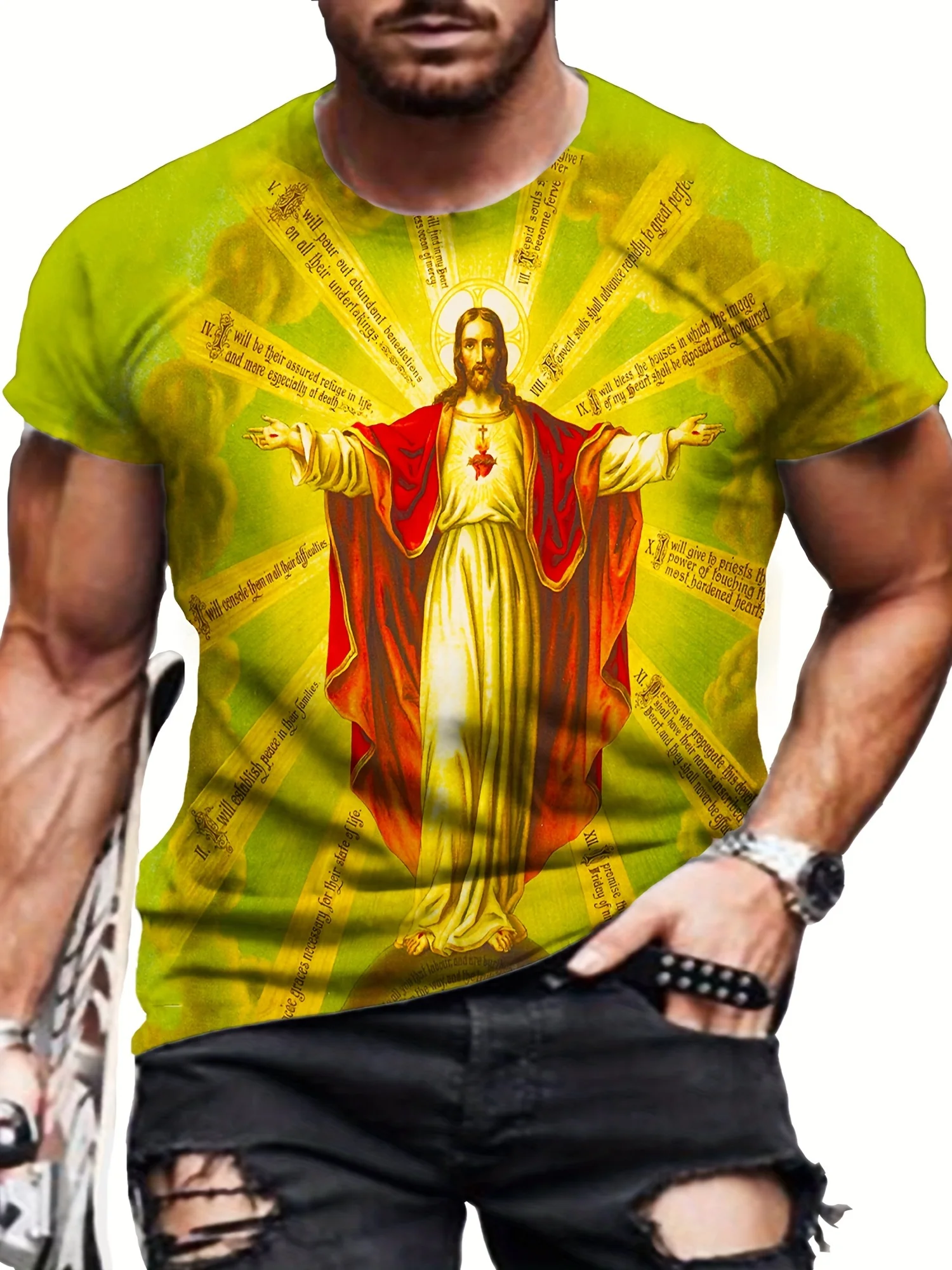 

Religion Theme Print Men's Crew Neck Short Sleeve Plus Size T-shirt, Lightweight Versatile Tee For Summer Daily Wear