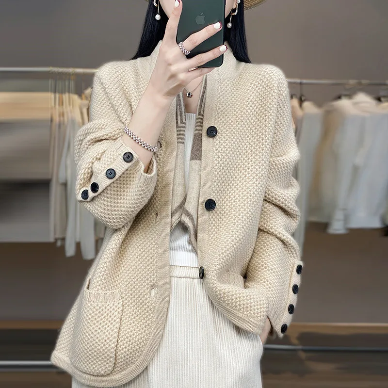 

2024 Autumn/Winter New Stand Up Collar Cashmere Cardigan Korean Edition Casual Fashion Outwear Sweater Wool Knitted Coat